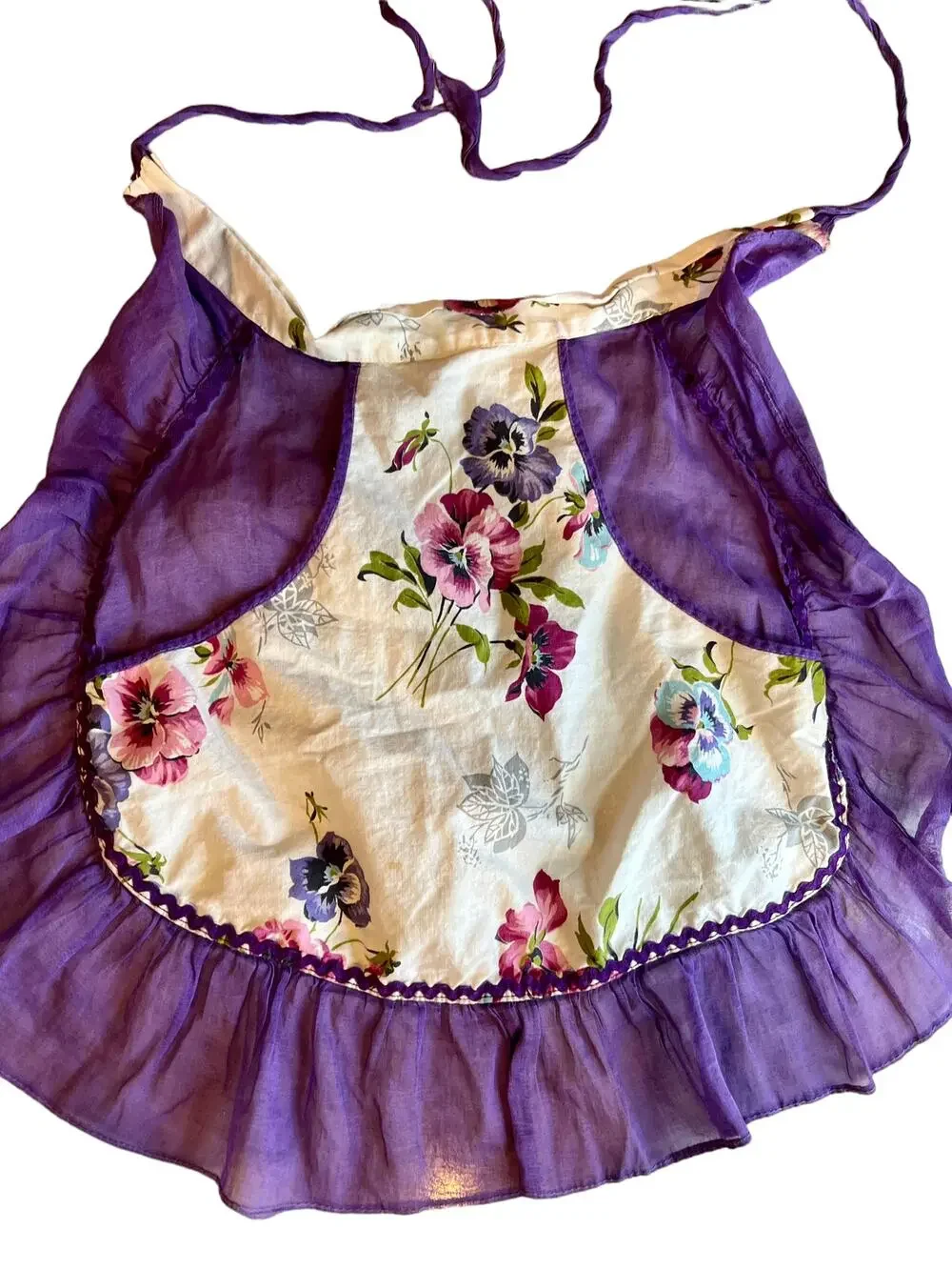 Vintage Pansy Print ruffle half apron ric rac trim